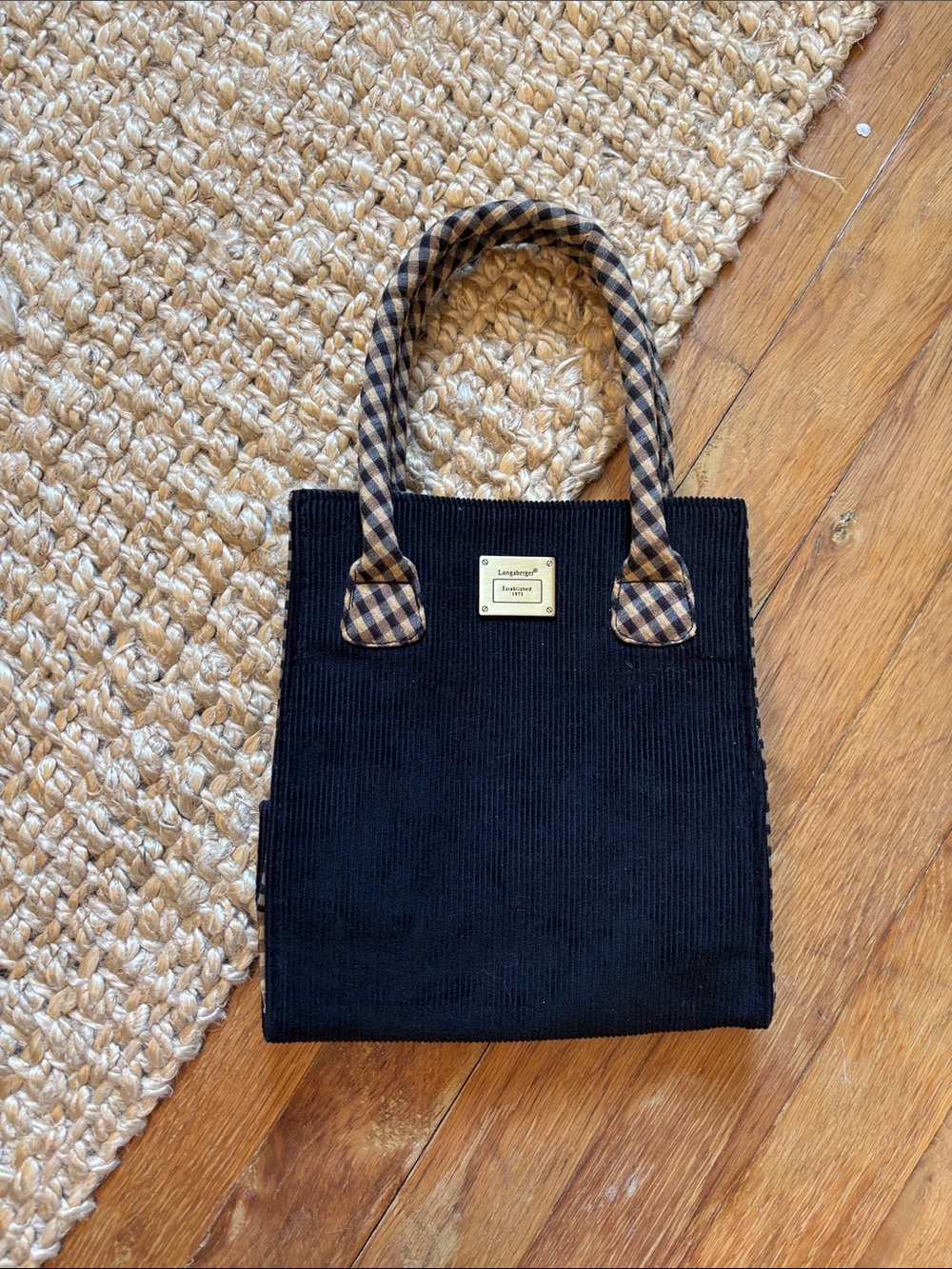 Longchamp Black Corduroy Tote with Brown Plaid Handles